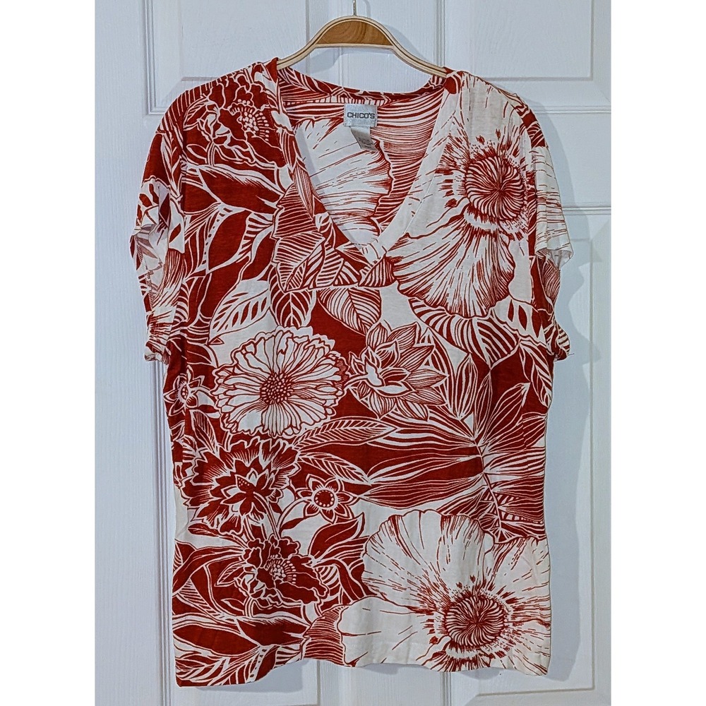 Chicos Red Floral V Neck Short Sleeve Tunic Top Size (3) XL
